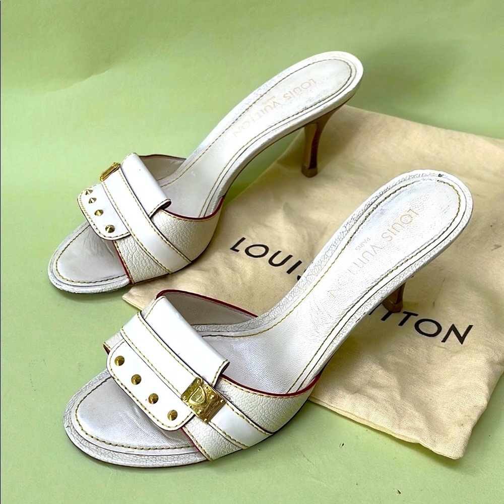 Vintage Louis Vuitton White Heels with Gold Studs and unique Hardware - Picture 2 of 10